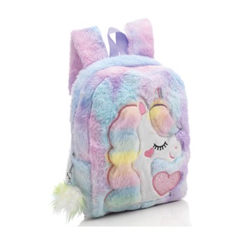 Zainetto in peluche Unicorno con zip e pon pon
