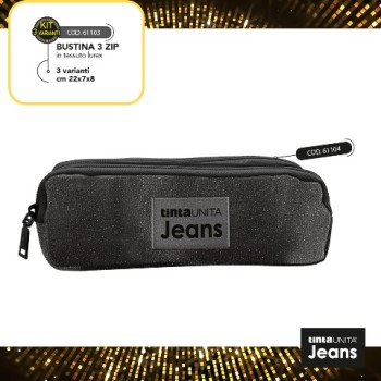 Bustina astuccio 3 zip Lurex nero glitter Tinta Unita Jeans