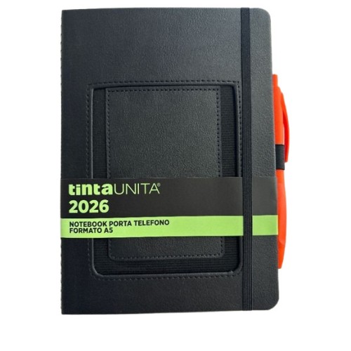 Notebook A5 nero con tasca porta telefono e penna